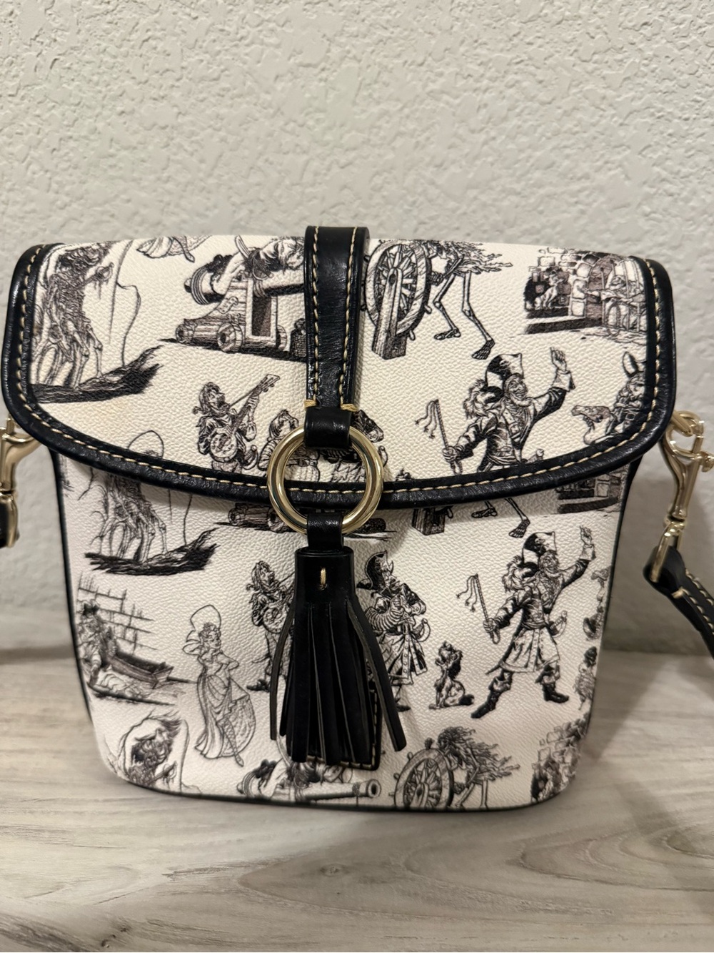 Dooney & Bourke White and Black Illustrated Crossbody with Tassel Ring